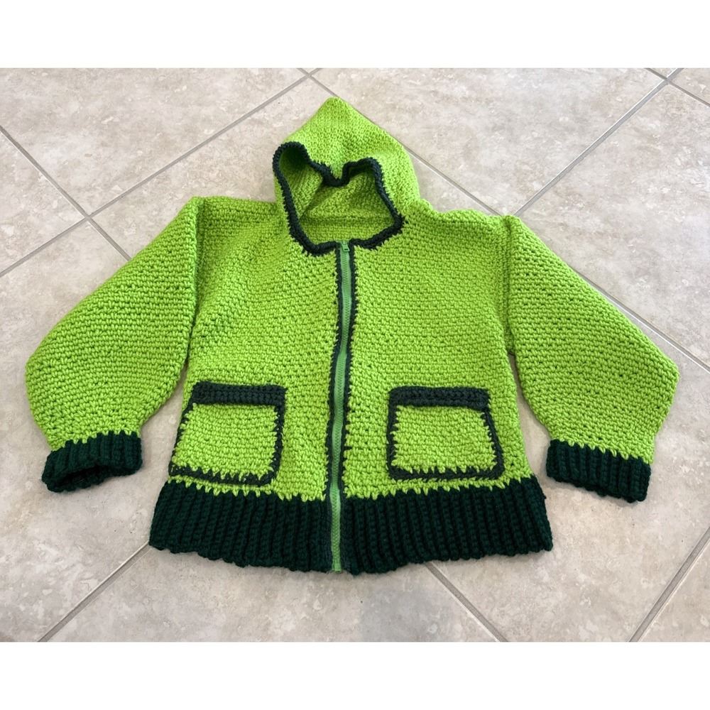 Handmade VTG Full Zip Hooded Sweater-Green-6-7 Years Pockets‎